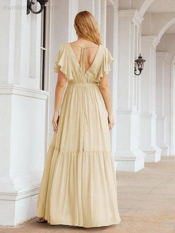 Baoleely Women's Open Back Formal Evening Party Prom Gowns V-Neck Long Chiffon Bridesmaid Dresses with Waist Belt 28038