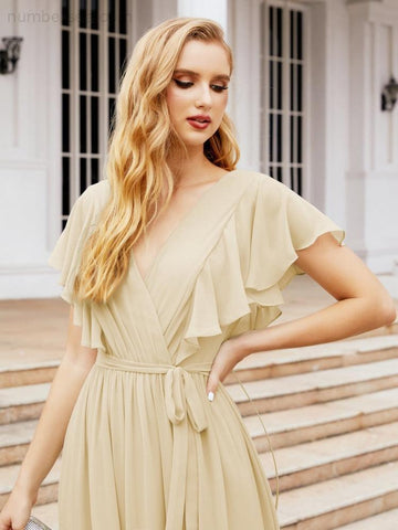 Baoleely Women's Open Back Formal Evening Party Prom Gowns V-Neck Long Chiffon Bridesmaid Dresses with Waist Belt 28038