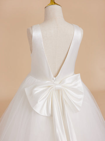 Classic White A-line Sleeveless Satin and Tulle Flower Girl Dress