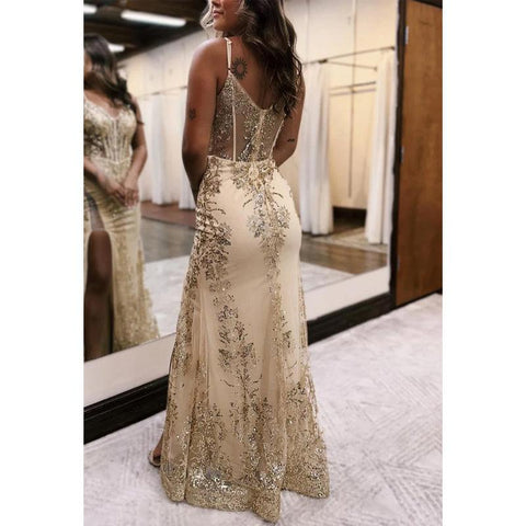 Vestido de noche para fiesta, graduación, con escote en V, tirantes finos, apliques de encaje y cola con abertura lateral 