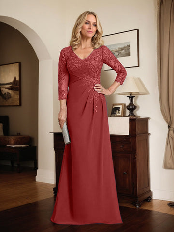 Sheath/Column V-Neck Illusion Floor-Length Lace Chiffon Mother of the Bride Dress With Pleated Sequins