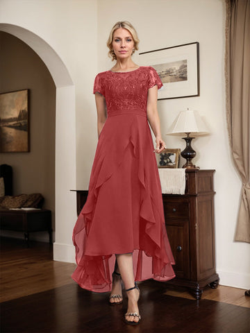 A-line Scoop Illusion Asymmetrical Chiffon Lace Mother of the Bride Dress With Bow Ruffle Sequins