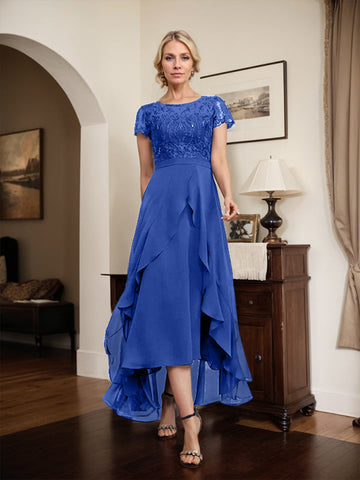 A-line Scoop Illusion Asymmetrical Chiffon Lace Mother of the Bride Dress With Bow Ruffle Sequins