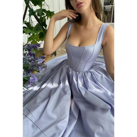 Robe de bal longue en satin à doubles bretelles et fente haute, coupe trapèze, avec poches