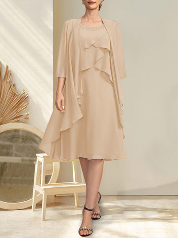 A-line Scoop Knee-Length Chiffon Mother of the Bride Dress With Beading