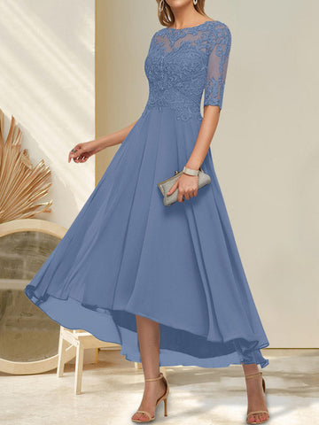 A-line Boat Neck Illusion Asymmetrical Chiffon Lace Mother of the Bride Dress With Sequins Beading