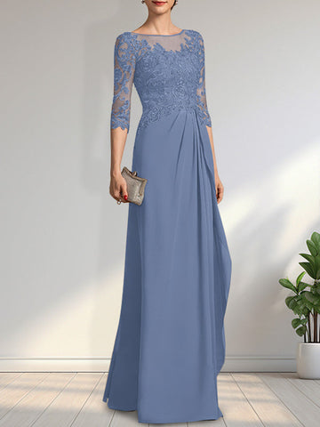 A-line Scoop Illusion Floor-Length Chiffon Lace Mother of the Bride Dress With Beading Sequins Cascading Ruffles