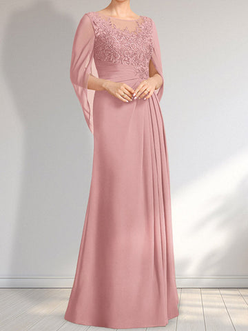 A-line Scoop Illusion Floor-Length Lace Chiffon Mother of the Bride Dress With Pleated Sequins