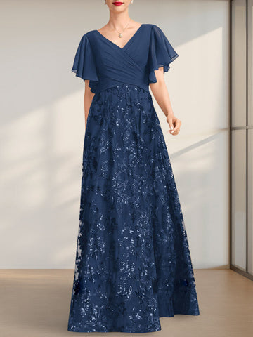 A-line V-Neck Floor-Length Lace Sequin Chiffon Mother of the Bride Dress With Pleated