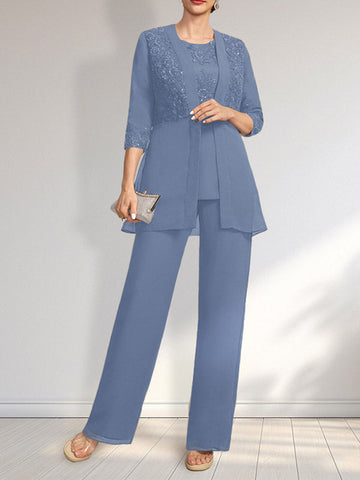 Jumpsuit/Pantsuit Separates Scoop Floor-Length Chiffon Lace Mother of the Bride Dress With Sequins