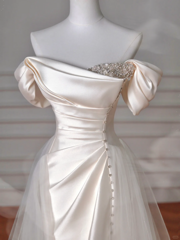 Robe de soirée sirène élégante en satin blanc à épaules dénudées et perles, robe de bal ou de mariée Y8617