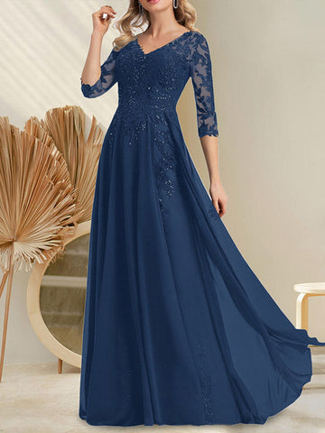 A-line V-Neck Floor-Length Lace Chiffon Mother of the Bride Dress With Sequins
