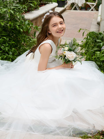 Classic White A-line Sleeveless Satin and Tulle Flower Girl Dress