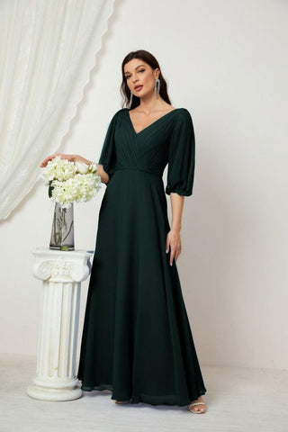 Baoleely  Formal Prom Gown Women V-Neck Chiffon Bridesmaid Dresses Long Bishop Sleeve Party Dress 2807