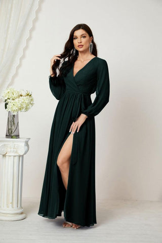 Sunnderly Evening Dresses Deep V-Neck Chiffon Bridesmaid Dresses Long Bishop Sleeve Side Split Formal Dress SY2806