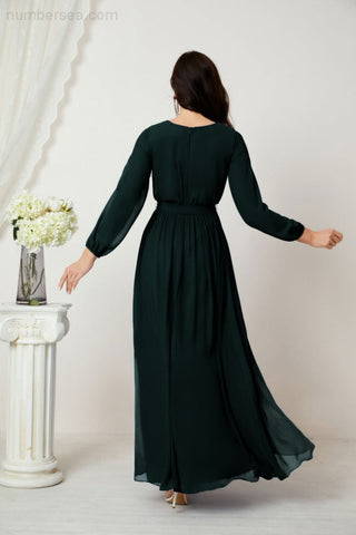 Sunnderly Evening Dresses Deep V-Neck Chiffon Bridesmaid Dresses Long Bishop Sleeve Side Split Formal Dress SY2806