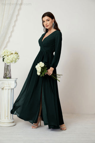 Sunnderly Evening Dresses Deep V-Neck Chiffon Bridesmaid Dresses Long Bishop Sleeve Side Split Formal Dress SY2806