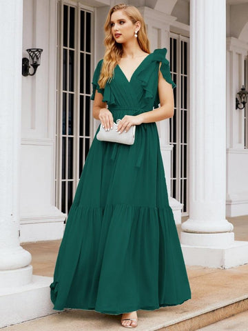 Baoleely Women's Open Back Formal Evening Party Prom Gowns V-Neck Long Chiffon Bridesmaid Dresses with Waist Belt 28038