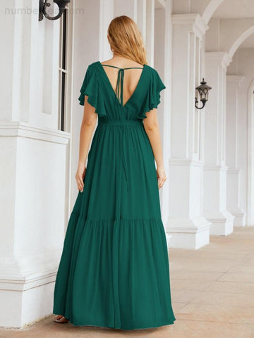 Baoleely Women's Open Back Formal Evening Party Prom Gowns V-Neck Long Chiffon Bridesmaid Dresses with Waist Belt 28038