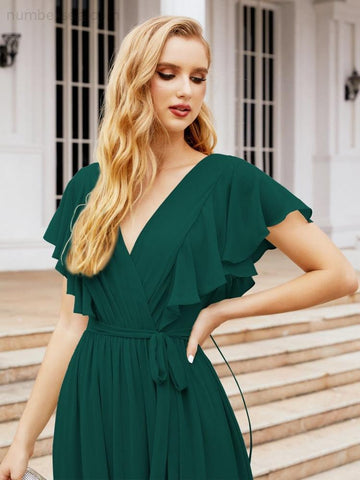 Baoleely Women's Open Back Formal Evening Party Prom Gowns V-Neck Long Chiffon Bridesmaid Dresses with Waist Belt 28038