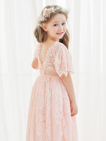 A-line Lace Ankle-length Ivory Boho Flower Girl Dress