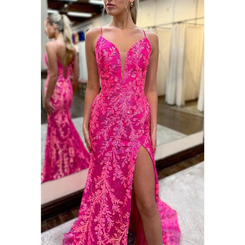 Vestido de noche para fiesta de graduación con escote en V, tirantes finos, apliques de encaje y abertura lateral 