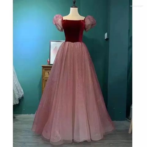 Vestido de noche formal de tul morado de manga corta, estilo línea A, modelo Y4291