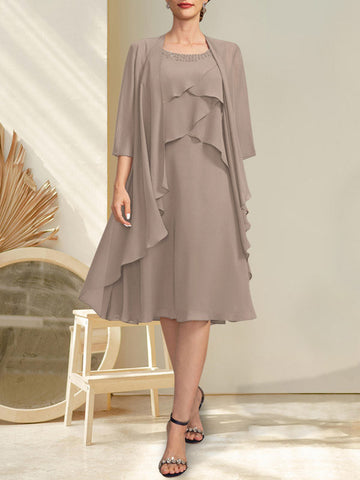 A-line Scoop Knee-Length Chiffon Mother of the Bride Dress With Beading