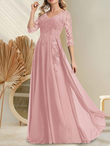 A-line V-Neck Floor-Length Lace Chiffon Mother of the Bride Dress With Sequins