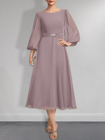 A-line Scoop Tea-Length Chiffon Mother of the Bride Dress With Crystal Brooch Pleated