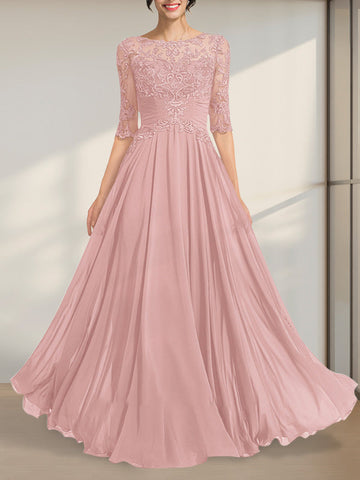 A-line Scoop Illusion Floor-Length Chiffon Lace Mother of the Bride Dress With Pleated Sequins