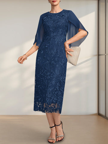 Sheath/Column Scoop Tea-Length Lace Chiffon Mother of the Bride Dress
