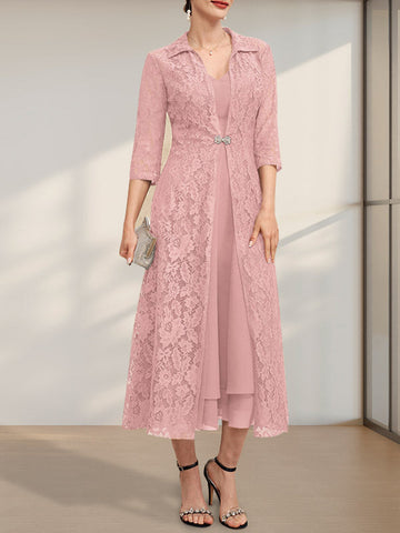 A-line V-Neck Tea-Length Chiffon Mother of the Bride Dress