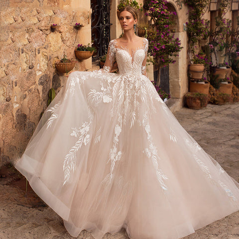 Sexy V-Neck Applique Wedding Dress Lace 2023 Illusion Long Sleeve A-Line Princess Bride Dress Bohemia Vestido De Noiva Women's