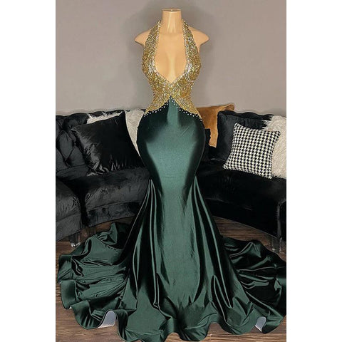 Vestido de fiesta de noche sexy y atractivo con escote en V, volantes, cuello halter, sin mangas y espalda descubierta.