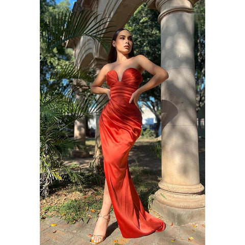 Vestido de fiesta elegante con escote en V, sin mangas, con abertura y fruncido, estilo tubo/columna