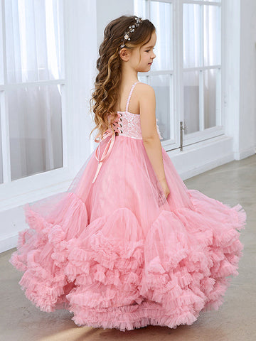 A-line Tulle Floor-length Pink Flower Girl Dress