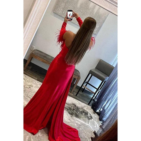 Vestido formal de noche con escote corazón, satén, pliegues y plumas para graduación