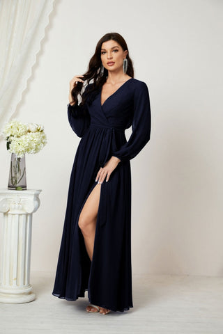 Sunnderly Evening Dresses Deep V-Neck Chiffon Bridesmaid Dresses Long Bishop Sleeve Side Split Formal Dress SY2806