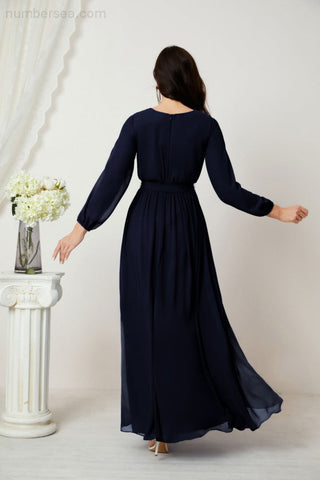 Sunnderly Evening Dresses Deep V-Neck Chiffon Bridesmaid Dresses Long Bishop Sleeve Side Split Formal Dress SY2806
