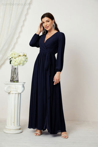 Sunnderly Evening Dresses Deep V-Neck Chiffon Bridesmaid Dresses Long Bishop Sleeve Side Split Formal Dress SY2806