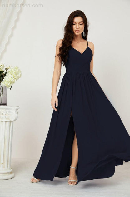 Numbersea  Neck Bridesmaid Dresses Chiffon Long Spaghetti A-line Formal Prom Gown for Wedding Party Evening 2801