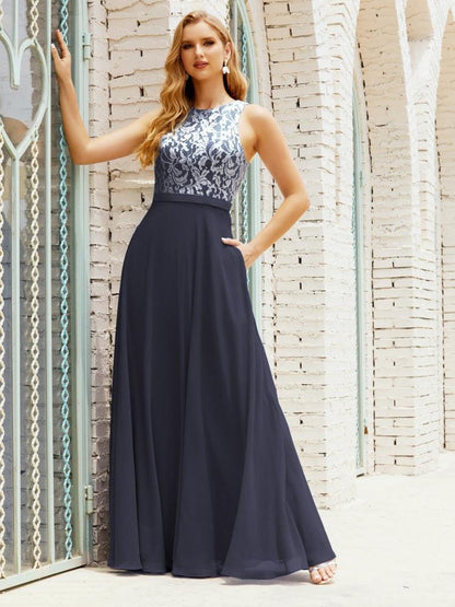 Lace Bridesmaid Dress Floor Length Evening Gowns with Pockets 28017