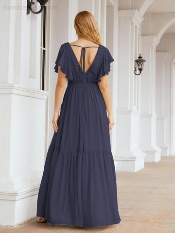 Baoleely Women's Open Back Formal Evening Party Prom Gowns V-Neck Long Chiffon Bridesmaid Dresses with Waist Belt 28038