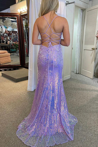 Sequins Spaghetti Straps Appliques Prom Dress with Slit