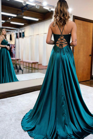 A Line Spaghetti Straps Green Long Prom Dress with Appliques