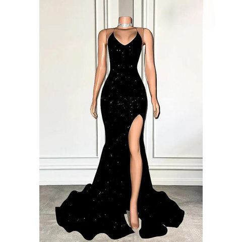 Vestido de fiesta de noche brillante con abertura y tirantes cruzados, sexy y sexy, corte trompeta/sirena