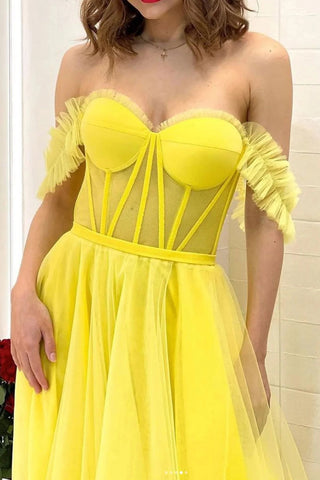 A Line Off the Shoulder Yellow Corset Prom Dress