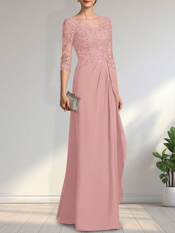 A-line Scoop Illusion Floor-Length Chiffon Lace Mother of the Bride Dress With Beading Sequins Cascading Ruffles