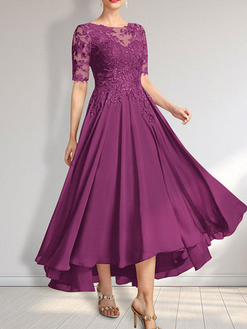 A-line Scoop Illusion Asymmetrical Chiffon Lace Mother of the Bride Dress With Sequins